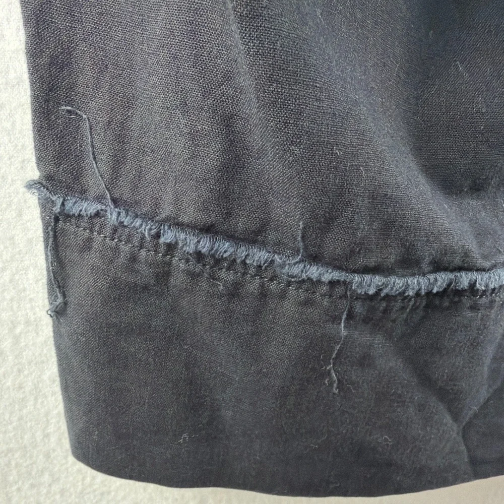 H&M Black Linen Blend Cropped Pants XL Elastic Waist Frayed Trim Boho Wide Leg